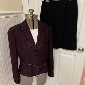 TAHARI SKIRT SUIT RED AND BLACK WOOL BLEND JACKET BLACK SKIRT SIZE 14